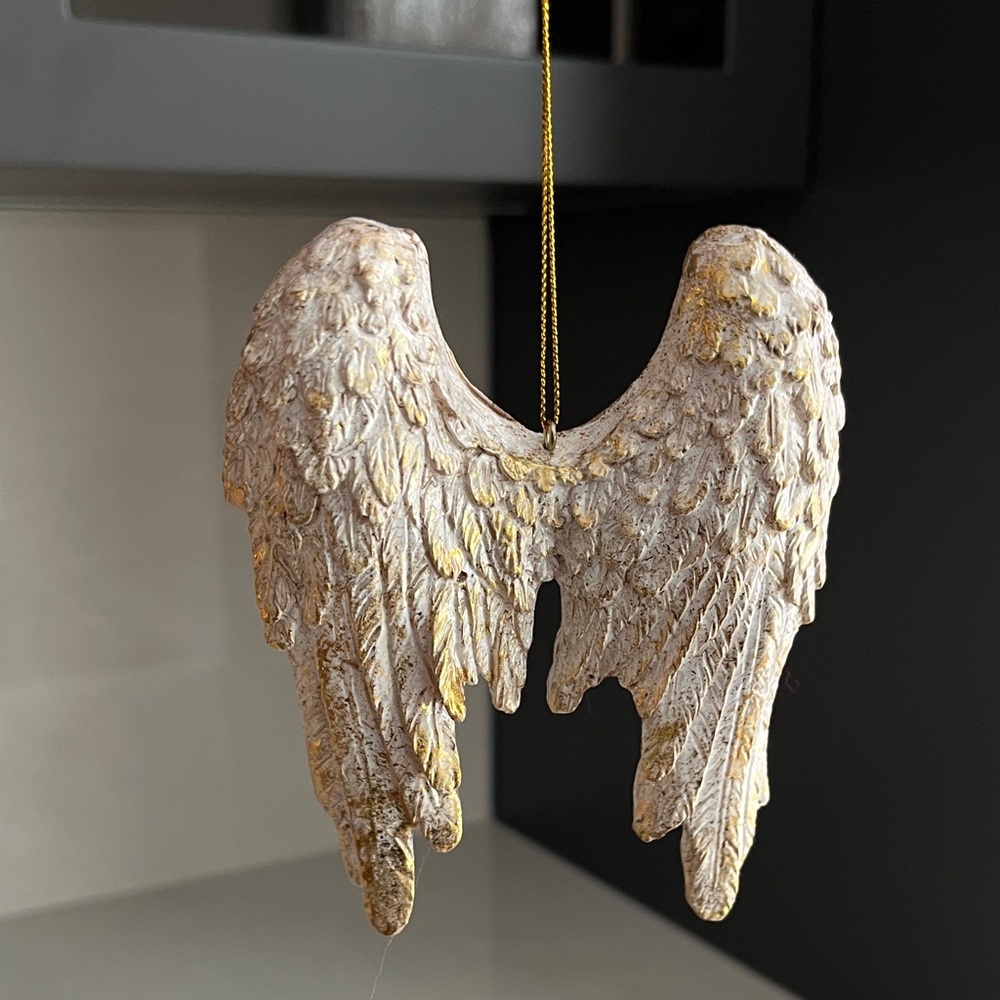 Scandinavian Christmas Tree Ornament. Angel Wings, White Gold Resin.